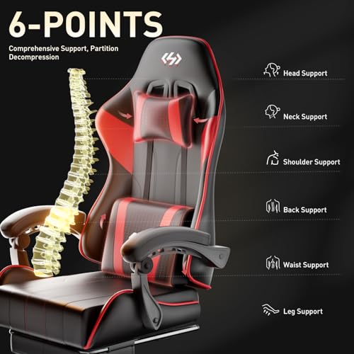 Image of HLDIRECT Gaming Chair, Ergonomic Computer Office Chair with Lumbar Support Footrest Headrest, Adjustable Height & Backrest Angle Video Gamer Chair, PU Leather, 360 Swivel, Adult (Black&Red)