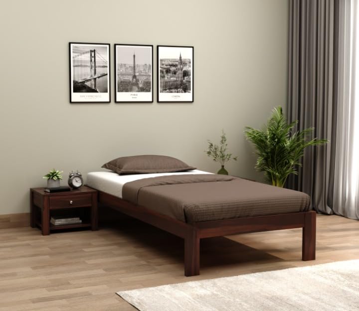 Image of SUNCOM Solid Sheesham Wood Single Bed Without Storage - Single Cot Wooden Palang - Space Saving Single Size Bed for Bedroom (Walnut Finish) Mattress Size: 78x48 Inch