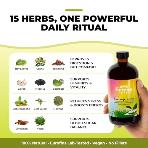 Image of Serene Herbs Soursop Bitters Liquid with Soursop Leaves for Gut Cleanse, Detox & Immune Boost with Black Seed, Moringa, Irish Moss, Ashwaganda, Turmeric, 16 fl oz (16 Fl, Soursop) (Pack of 2)