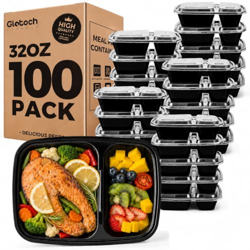 Image of Glotoch 100 Pack(200-Piece)32oz 2-Compartment Meal Prep Containers with Lid