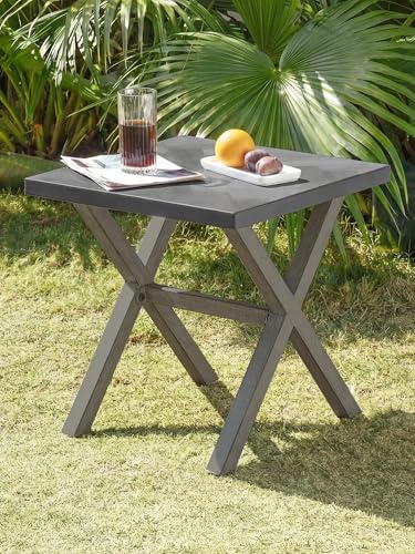 Image of Never-Rust Aluminum Outdoor Side Table, Anti-Rust Outside Patio Side Table with Resin Tabletop, Modern Weather Resistant Square Patio End Table for Yard, Garden, Poolside, Limed Oak
