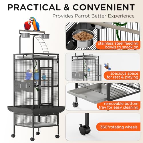 60 Inch Wrought Iron Large Bird Cage with Rolling Stand, Metal Parrot Cage with Play Top & 4 Stainless Steel Bowls for African Grey Cockatiel Sun Parakeet Green Cheek Conure Lovebird Budgie, Black