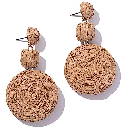 Statement Raffia Earrings Boho Round Dangle Ball Earrings Cute Handmade Summer Earring Bohemian Dangling Jewelry for Women(Wheat)
