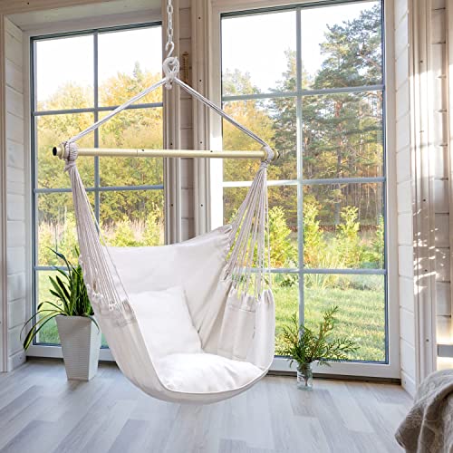 Hammock Chair With Hardware Kit: Ohuhu Xl Portable Hanging Hammock Swing With 2 Cushions Metal Support Bar Side Pocket For Indoor Outdoor, Swinging Chairs For Patio Bedrooms Teen Girls Room Decor #TOP1