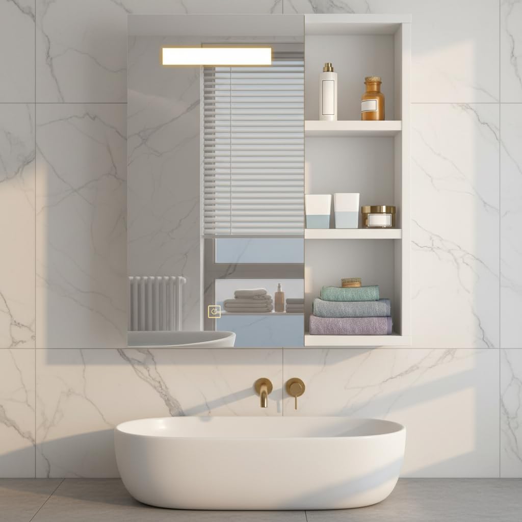 CLIPOP Spiegelschrank Badezimmer mit LED Beleuchtung,Weiß 45x16x52 cm | Aufbewahrungsregalen, Berührung Sensorschalter, 3-Farben Modus, Hängeschrank Badschrank mit Spiegel Einzeltür