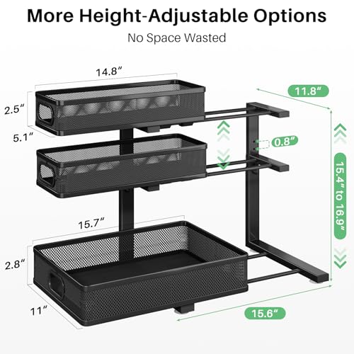 Image of Kitstorack Under Sink Organizer, 1-Pack 3-Tier Height Adjustable Thickened Metal Pull out Cabinet Organizer Shelf, Slide out Storage Drawer Rack for Bathroom Kitchen Pantry Home Laundry Organization