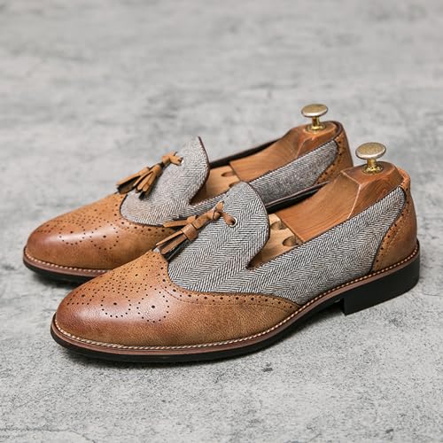 Men's Patchwork Two Tone Slip On Tassel Dress Loafers Fashion Hand Stitched Leather Carving Punched Brogues Oxford Shoes Pointed Toe Low Top Luxury Business Formal Shoes3