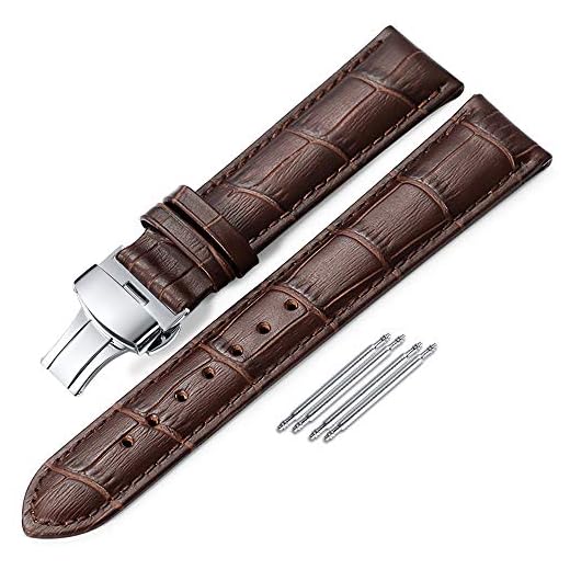 iStrap Correas De Reloj De Cuero - Correa De Repuesto para Hombres Y Mujeres - Cierre Desplegable Con Botón Pulsador Acero Inoxidable - 18 mm 19 mm 20 mm 21 mm 22 mm 24 mm - Negro Marrón