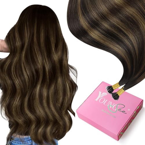 Image of YoungSee Nano Tip Hair Extensions Real Human Hair Balayage Brown 22in Nano Ring Hair Extensions Human Hair Balayage Dark Brown Mix Medium Brown 50g 50 Strands Nano-Beads Extension for Natural Looking
