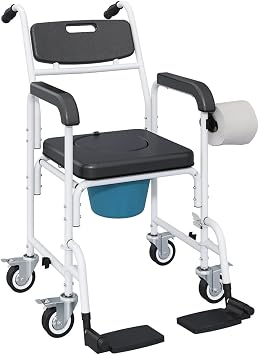 Concise & Practical Bath Shower Chair, Heavy Duty Commode Chair Adult Bathroom Toilet Seat with Memory Foam Cushion, White & Beige Cushion