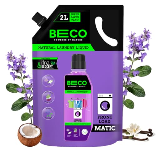Image of Beco Natural Liquid Detergent Front Load - 2L Refill Pack | Tough Stain Removal | Lavender & Vanilla Freshness | Retains Brightness & Shine | Chemical Free | Front Load Washing Machine Liquid