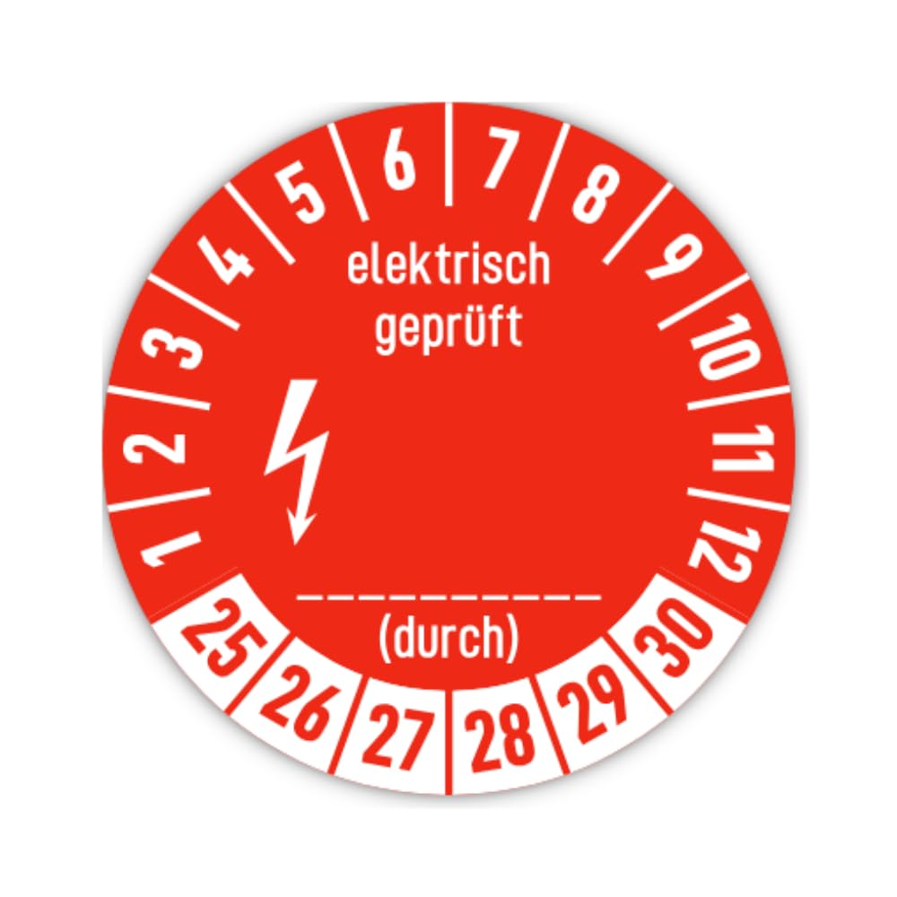 Aufkleber: ⌀ 20 mm, 35 Stück, rot, Mehrjahresprüfplakette, 2025, 2026, 2027, 2028, 2029, 2030, Hochleistungsfolie, Sprache: deutsch, Text: elektrisch geprüft (durch)