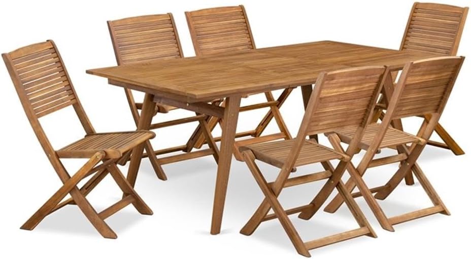 Pemberly Row Contemporary 7-Piece Patio Dining Set, Rectangular Table and Foldable Chairs, Natural Oil Finish, Lightweight Outdoor Dining Furniture for Garden, Deck, or Backyard Use