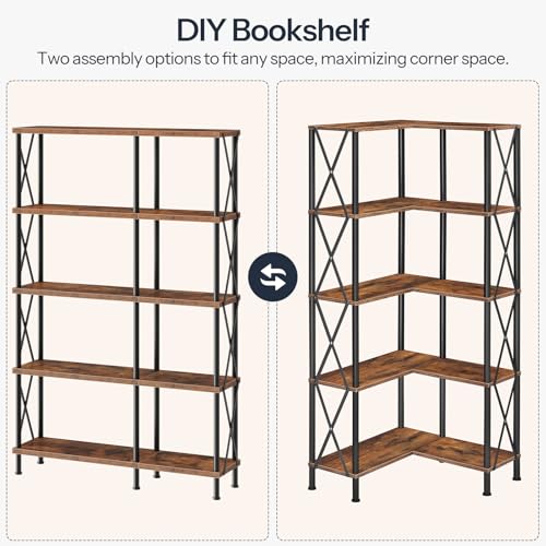 HOOBRO Corner Bookshelf, 5-Tier L-Shaped Bookcase, Industrial Open Display Shelf Tall Storage Organizer, Vertical Storage Rack, for Living Room, Home Office, Rustic Brown and Black BF60SJ01 - Image 6