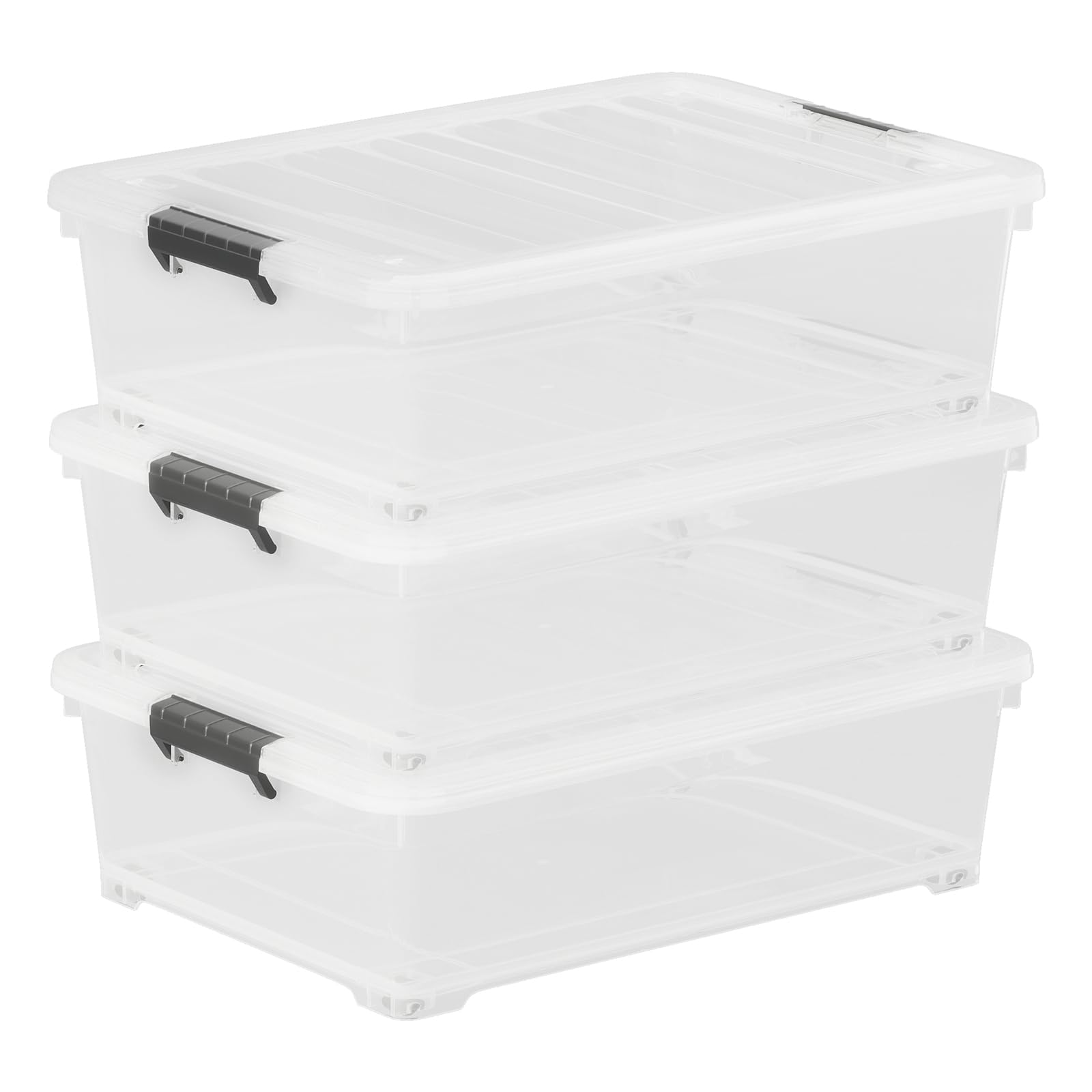 Buyitt 25 Quart Clear Plastic Latch Storage Box with Wheels, Under Bed Storage Box, 3 Pack