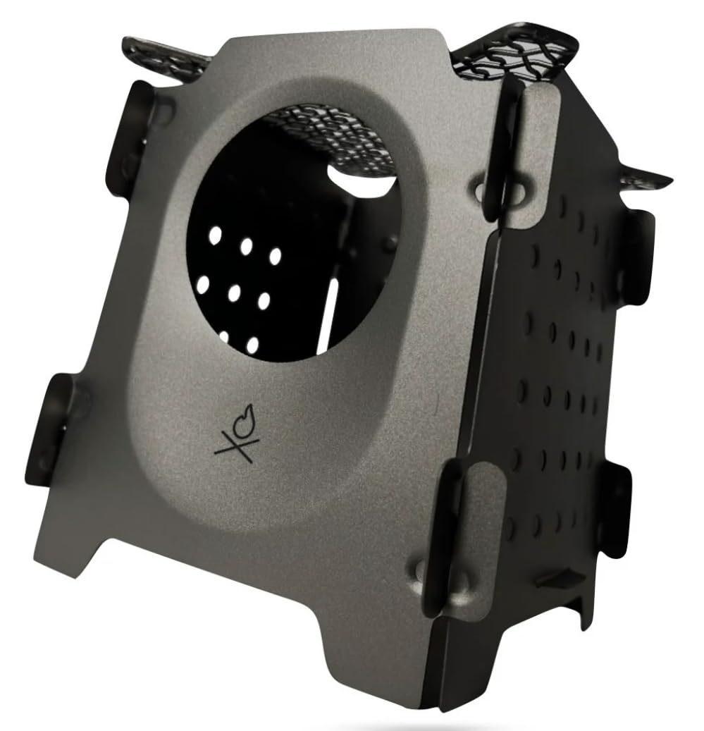 Überleben Stöker Titanium Twig Stove – Ultralight Flatpack Camp Stove with Köchen-X Grill Grate, Fuel-Free Organic Burner, Waxed Canvas Sleeve – Portable Wood Burning Stove for Camping & Hiking