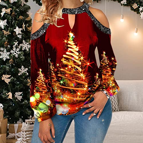 T-shirt da árvore de Natal para mulheres - T-shirt solto ocasional engraçado - Presente de Natal ami