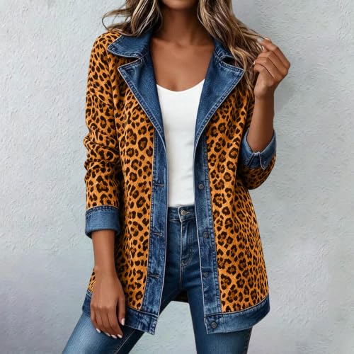 Womens Denim Jacket Leopard Jean Coat Casual Open Front Jacket Fall Clothes — view 4