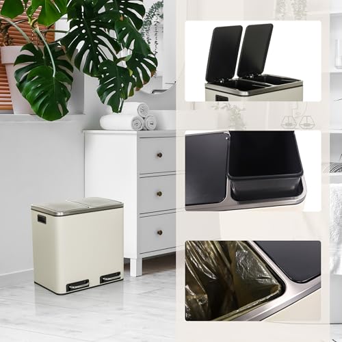 Miniatura 3 de Hjh Office Cubo De Basura 2x15l Clean Ix Sistema De Separación De Residuos Con 2 Compartimentos, Cubo De Basura De Pedal Con Cierre Suave, Metal Beige