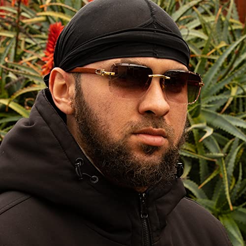 Street Knitted Men Women Rimless Gold Frame Stylish Burgundy Tinted Gem Cut Lens Woodgrain Shades 90s Rectangle Cool Frameless Retro Trendy Hip Hop Old School Unisex Square Sunglasses4