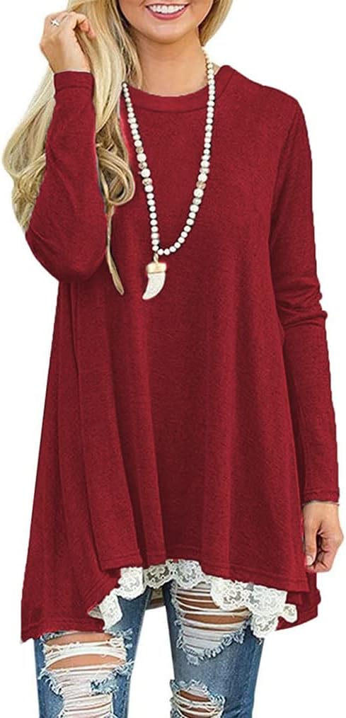 Poetsky Women's Long Sleeve Solid Color Tunic Tops Layered Chiffon Hem Casual Loose Blouse Shirts