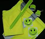 Inhalt: 1 Sicherheitsweste, 3 Smiley-Aufkleber, 2 reflektierende Armbänder, 1 Schlüsselanhänger