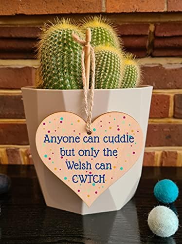 The Plum Penguin Handmade Wooden Hanging Heart Plaque Gift Cuddle Welsh Cwtch Fun Novelty Wall Hanger Decoration Friendship Family Love