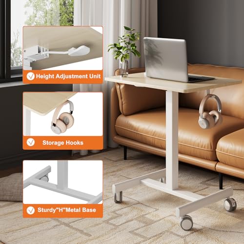 Image of Mobile Desk on Wheels, Pneumatic Height Adjustable, Maple+White | 18.9 x 25.6 in Desktop, 26.1-40.1 in Height, Pneumatic Lift, T-Shaped Single Column Base, Lockable Casters, 22 lb Capacity