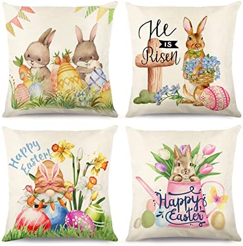 Easter Pillow Covers 18x18, Throw Pillow Covers Set of 4, Happy Easter Spring Holiday Decor, Cute Rabbit Bunny Gnomes and Eggs Outdoor Decorative Linen Cushion Cases for Couch Sofa, Easter Decorations