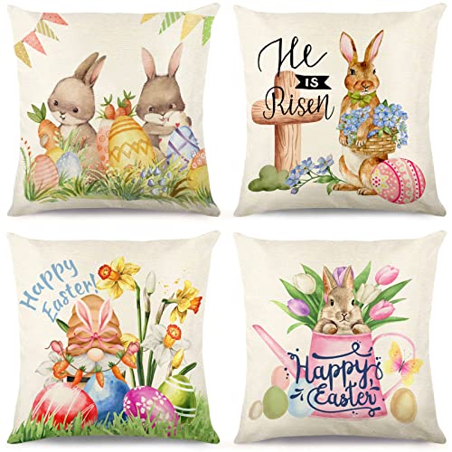 Easter Pillow Covers 18X18, Throw Pillow Covers Set Of 4, Happy Easter Spring Holiday Decor, Cute Rabbit Bunny Gnomes And Eggs Outdoor Decorative Linen Cushion Cases For Couch Sofa, Easter Decorations #TOP12