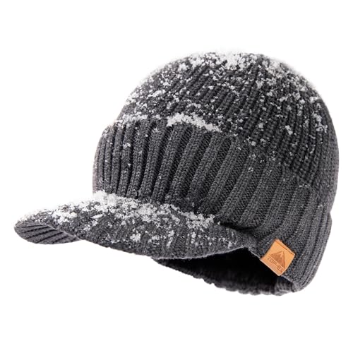 TOP-EX Dryknit Herren Damen Merino Beanie Mütze – wasserdicht & fleecegefüttert, warme Strickmütze mit Schirm für Winter, Ski, Arbeit, Spaziergänge, große Köpfe – Grau XL/XXL