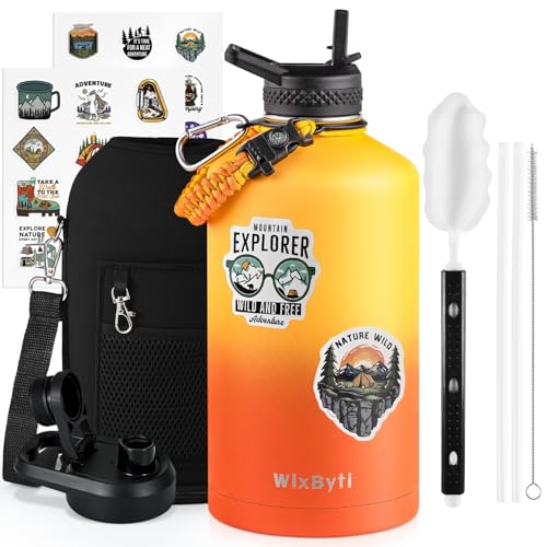 One Gallon Water Bottle Insulated with DIY Stickers, Triple Wall Vacuum Cold for 48 Hrs Leak-proof Non-BPA, 128oz Large Sports Stainless Steel Water Jug with Paracord Handle Straw Spout Lids