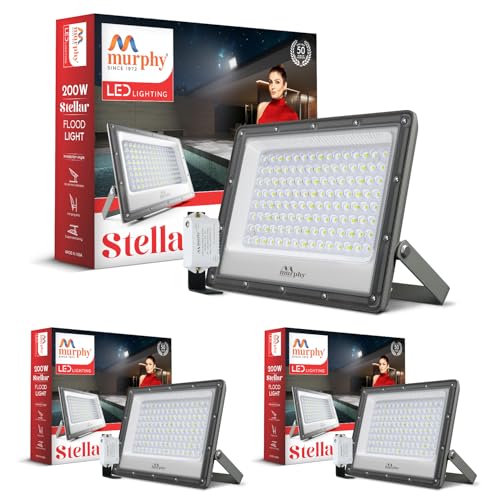 Murphy Stellar 200W LED Flood Light with Auto Day-Night Sensor | Ultra-Bright 6500K Cool White | IP66 Waterproof & Surge Protected | High Lumen Outdoor Security Light for Factory, (Pack of 3)