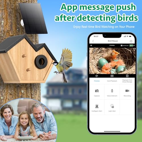 Bird House with Camera,Birdhouses for Outdoors Waterproof Solar Powered, 2K HD AI Camera Recognition for Over 10,000 Species, Real-time Videos & Pictures, Birdhouse Kit for Bird Lovers (Green)