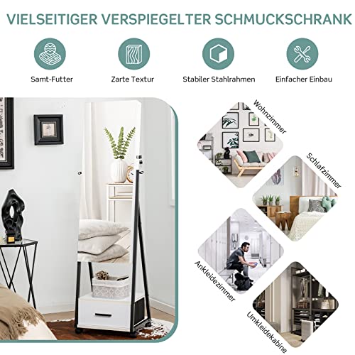 COSTWAY Schmuckschrank mit Spiegel, Schmuck Spiegelschrank mit Schublade, auf Rollen, abschließbar, freistehend, 42 x 38 x 157 cm (Weiß)