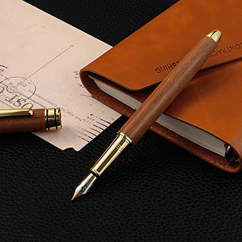 Ayzhang 2Pcs Wooden Fountain Pens Gift Set With Exquisite Wood Bookmarks With Gift Box Ink Refill Converter; Natural Rosewood Pens, Retro Look Pen,Ideal Gifts #TOP5