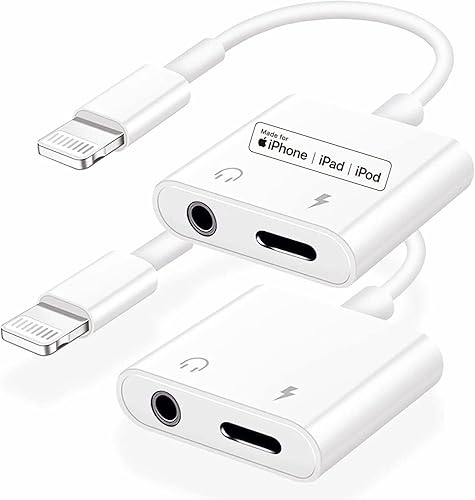 Certificado Apple MFi Paquete de 2 adaptadores de auriculares Lightning a 0.138 in Adaptador auxiliar para iPhone 2 en 1 Audio+Carga Compatible con