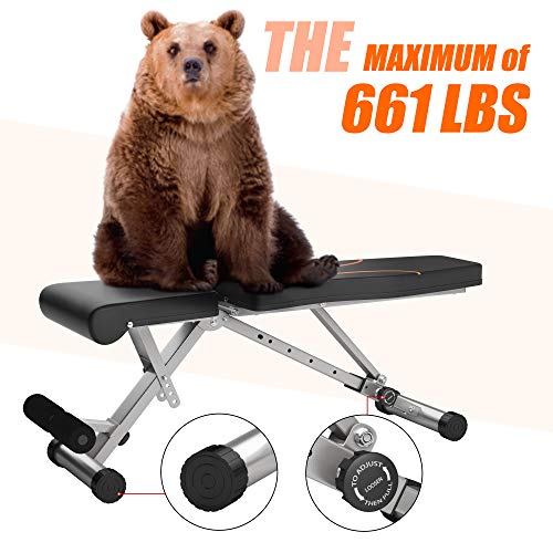 Weight Bench Adjustable Workout Bench for Home Gym Foldable Multi-Purpose Strength Training Benches, Flat/Incline/Decline Exercise Bench Press for Full Body Workout (Grey-orange)