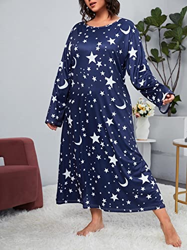 Wdirara Women's Plus Size Long Sleeve Star Print Loose Nightgown Sleepshirt Loungewear Blue 5Xl #TOP4