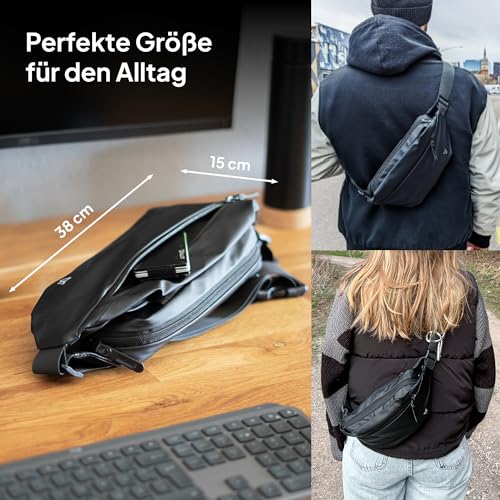 Große Bauchtasche Damen und Herren - Brusttasche XXL schwarz mit vielen Fächern und Innentasche, Hüfttasche, Gürteltasche groß, Umhängetasche und Bumbag für Freizeit, Sport, Laufen, Fitness