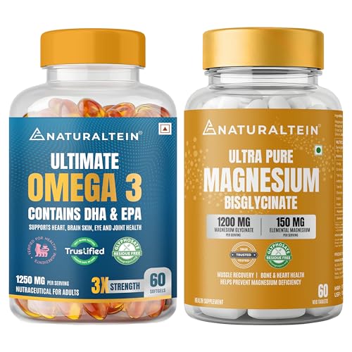 Image of Naturaltein Omega-3 Fish Oil 1250mg Triple Strength (60 Softgels) + Naturaltein Magnesium Glycinate 1200mg 60 Tablets | Heart Health, Brain Function, Muscle Relaxation & Sleep Support Combo