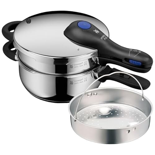 WMF Perfect Plus One Pot Schnellkochtopf Set Induktion 2-teilig, Dampfkochtopf 4,5l + 3l mit Einsatz, großes Kochsignal, 2 Kochstufen, Einhand-Kochstufenregler, Cromargan Edelstahl poliert
