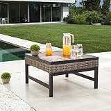 Festival Depot Patio Coffee Table Metal Table with Wicker and Wood Grain Top Rattan Outdoor Furnitur