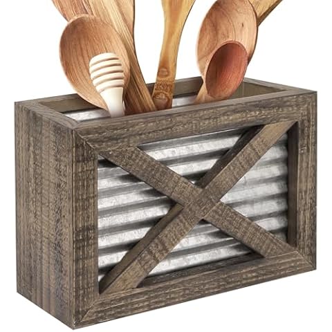 Autumn Alley Barn Door Rustic Kitchen Utensil Holder- Farmhouse Wooden Kitchen Utensil Holder- Galvanized Accents- Rustic Kitchen Decor- Farmhouse Details Add Charm to your Country Kitchen Decor Cover