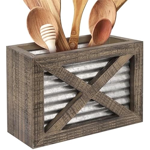 Autumn Alley Barn Door Rustic Wooden Kitchen Utensil Holder - Galvanized Accents - Farmhouse Details Add Charm to Your Country Kitchen Decor