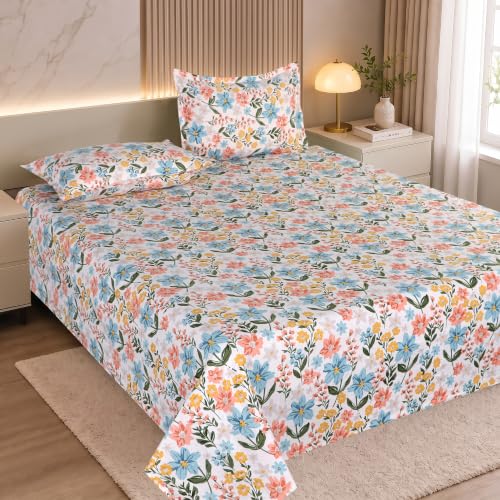 Image of DECORUM 190TC Cotton Feel Double Bedsheet with 2 King Size Pillow Covers | 90X100 Inches | Soft & Breathable Fabric| Lightweight & Comfortable | Premium Bedding Set for Home |Wildflower Floral Print
