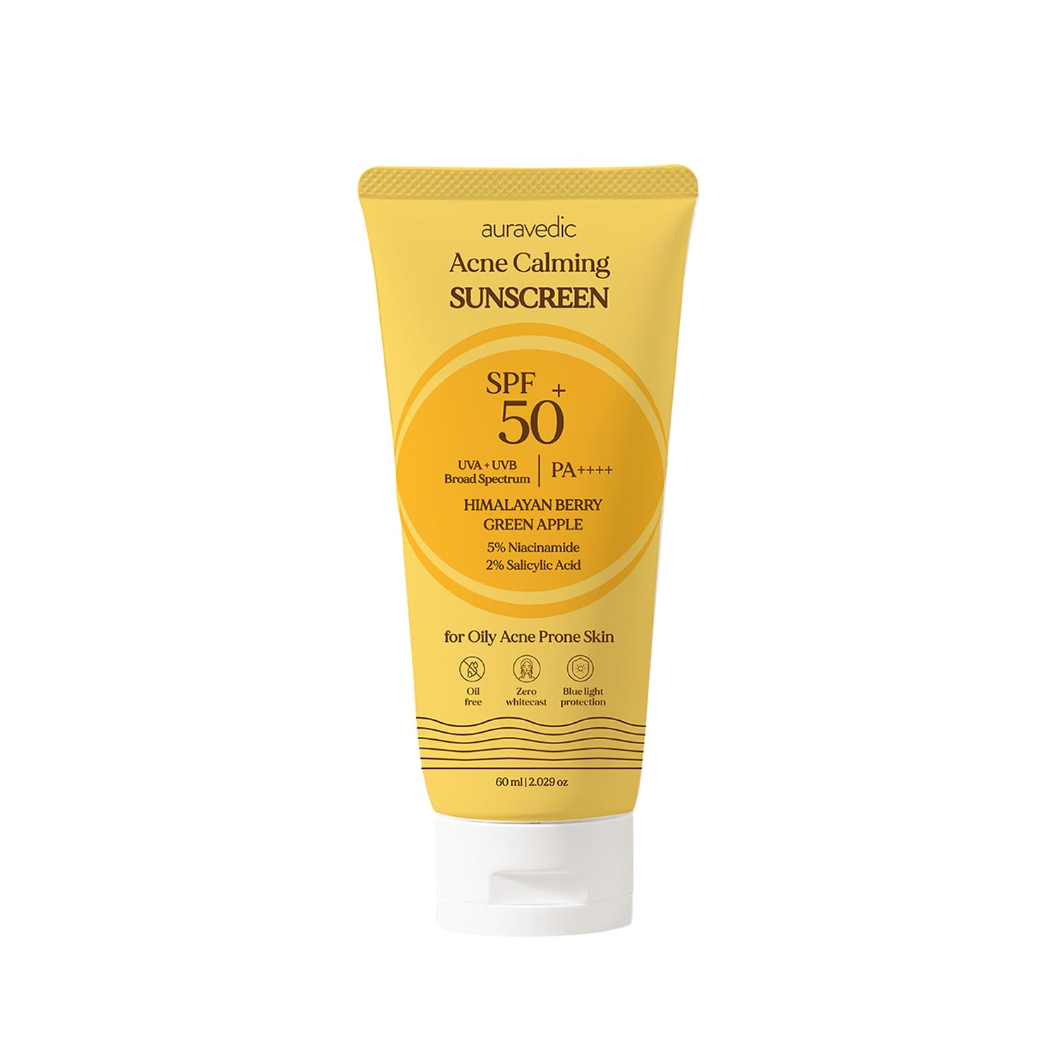 Auravedic Acne UV Sunscreen for Acne Prone Skin Pore Minimizing Sunscreen SPF 50 for Oily Skin with Himalayan Berry Green Apple Gotu kola Niacinamide 2% Salicylic Acid Cream Sun Screen SPF 50 PA ++++ Non Greasy No White Cast
