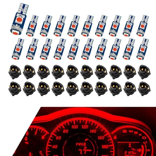 Zosgrew 20 PCS 74 LED Bulbs, T5 Instrument Cluster Bulbs with Sockets, Super Bright Dash Lights Replacement, Universal Electrical Lighting Parts for All Vehicles (Red)