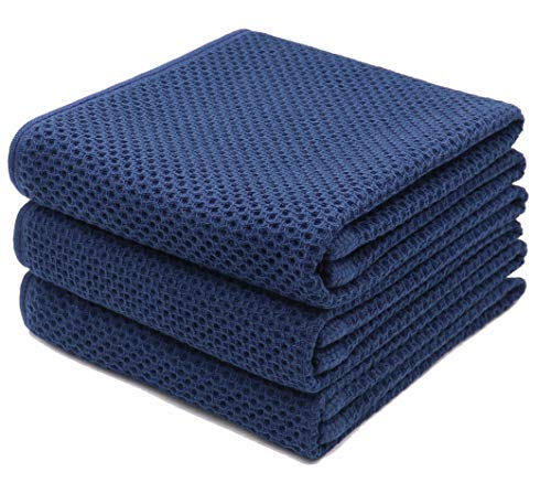 Mia'sDream Cotton Hand Face Head Towel Waffle Weave Kitchen Tea Towel Dish Towels, Soft and Absorbent Bath Guest Gym Towel Washcloths, 13inch x 28inch 3 Packï¼ˆNavy Blue