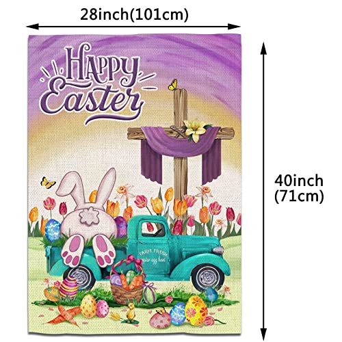 Easter Flag, Happy Easter Flags For Outdoors 28 X 40 Double Sided, Easter Bunny Eggs With Blue Truck Tulip Flowers Burlap House Flag, Holiday Spring Garden Yard Lawn Signs For Home Outside #TOP1